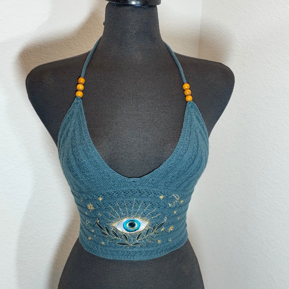 ROMWE Women Teal Knit Halter Top Evil Eye Embroidery Lace Up Back XS New